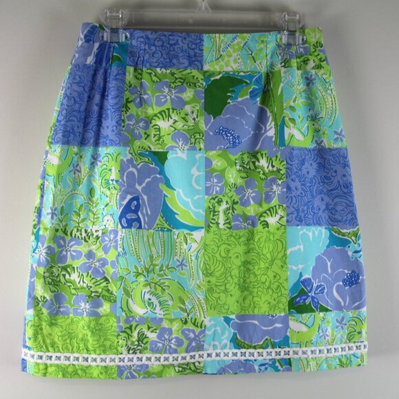 Vintage Lilly Pulitzer Green Blue Patchwork Lion Jungle Tropical Print Skirt 6